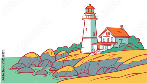 Colorful modern graphic design featuring a lighthouse and a small house on a rocky coastline lighthouse nautical landscape seascape vacation building architecture landmark navigation