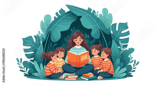 Peaceful reading circle surrounded by giant green leaves