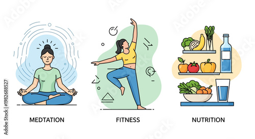 Healthy Lifestyle: Meditation, Fitness, and Nutrition Concepts
