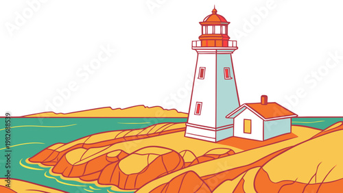Stylized graphic illustration of a coastal lighthouse on a rocky shore beside the sea with lighthouse navigation maritime nautical illustration landscape seascape building structure
