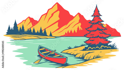 Flat design illustration of a canoe on a lake against mountains with mountain landscape outdoors wilderness adventure illustration recreation peaceful vacation activity nautical
