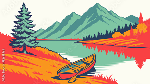 Canoe on shore of lake with mountains and colorful autumn forest flat design mountain landscape illustration minimalist stylized wilderness environment waterfront reflection adventure