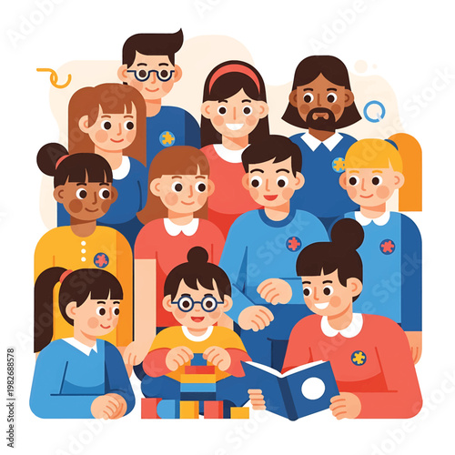 Diverse group of happy school children.