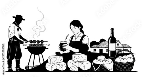 ilustracao de homem e mulher cozinhando culinaria do rio grande do sul isolado em fundo branco gastronomia regional