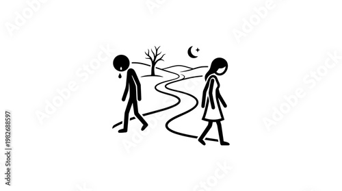 Sad Couple Walking Away From Each Other on a Lonely Path