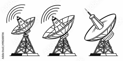 Communications and radar antenna array icons in isometric style with communication technology broadcast electronic wireless telecommunication satellite connection transmission tracking