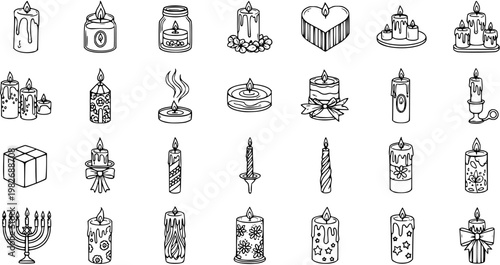 Black and White Line Art Icons of Various Candles, Candleholders, and a Gift Box