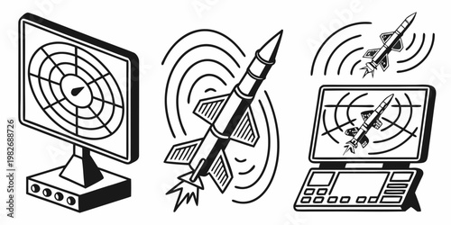 Radar system and missile tracking technology graphic set with tracking detection technology security computer surveillance military tactical analysis monitoring hardware ballistic