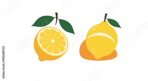 Two yellow lemons, one whole and one halved, displayed on a white background with subtle shadow and leaf accents