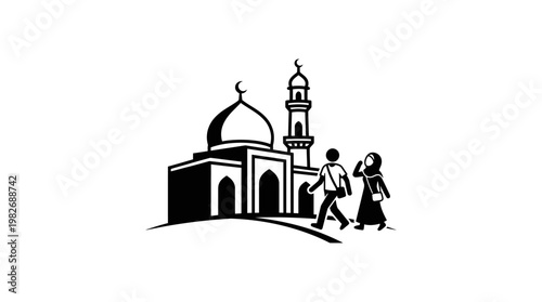 Black And White Mosque With People Walking
