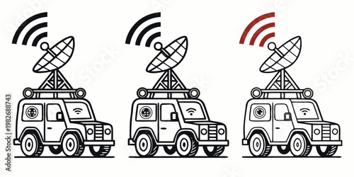 Set of three mobile satellite communication vehicles with radio dishes broadcasting wireless signals satellite communication broadcast wireless technology transmitter connectivity