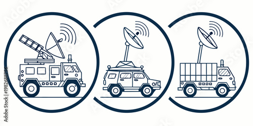 Collection of three mobile satellite dish communication trucks in circular frames with satellite communication broadcast wireless technology transmitter transport illustration coverage