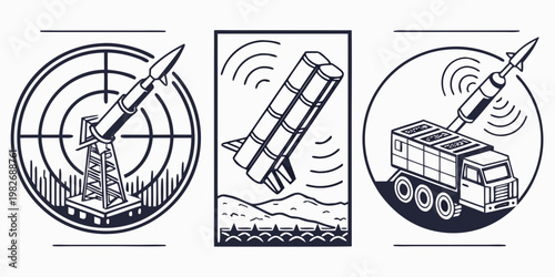 Military defense systems and missile launch vehicle icons in decorative frames with military artillery strategy technology tactical security operation strategic hardware precision