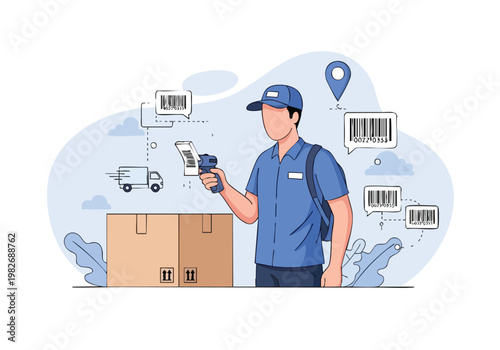 Delivery man scanning package barcode with scanner, logistics concept