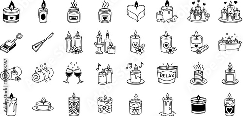 Black and White Line Art Icons of Candles and Spa Items for Relaxation and Aromatherapy