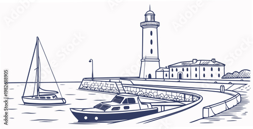Line art nautical harbor scene with lighthouse and boat lighthouse nautical navigation landscape illustration monochrome seascape vacation