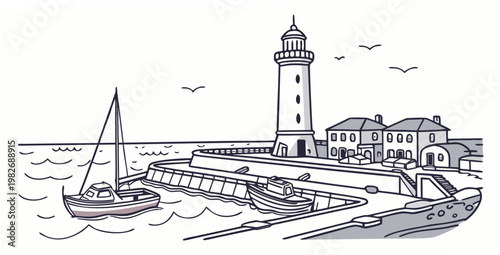 Simple line drawing of a seaside lighthouse and harbor station with docked boats lighthouse nautical maritime landscape seascape landmark navigation illustration monochrome building