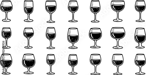 Black and White Line Art Set of Assorted Wine Glasses Filled with Red Wine