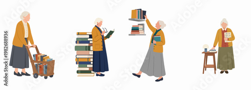 Set of flat vector illustrations featuring an elderly librarian or teacher organizing books, reading, and using an alphabet board.