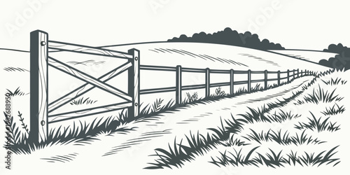 Black and white sketch illustration of a rural path and wooden farm gate fence with countryside landscape illustration agriculture monochrome boundary entrance peaceful environment