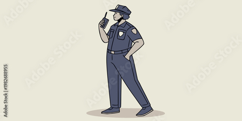 Graphic illustration of a police officer using a radio communication device with communication authority enforcement policeman security policing professional character illustration