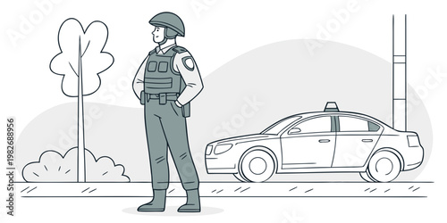 Police officer in tactical gear standing next to patrol car with tactical authority enforcement security policing character illustration minimalist standing personnel equipment