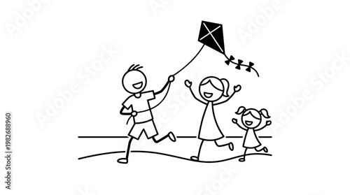 Happy Stick Figures Flying Kite Together