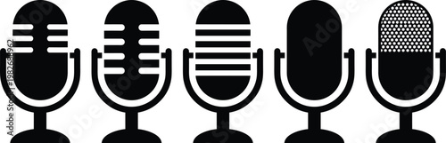 Set of universal vintage microphone icons featuring retro studio equipment for podcasting broadcasting recording radio music performance and audio communication in black vector style.