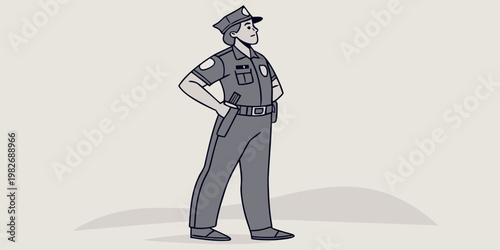 Standing police officer in uniform character design illustration with authority enforcement security policing policewoman character illustration minimalist standing personnel equipment