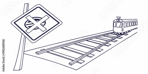 Train on railroad tracks with road crossing warning sign railroad transport transportation locomotive traveling junction infrastructure movement industrial traveler commuter approach