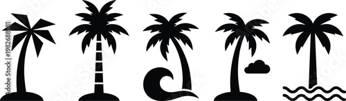Set of tropical palm tree silhouettes featuring various beach vacation symbols like ocean waves island shores and summer clouds in minimalist black vector style.