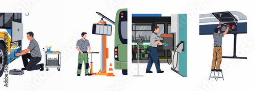 Professional mechanics performing maintenance and battery replacement on electric buses and trains in a transport service center illustration set.