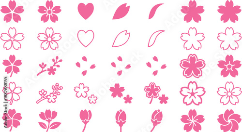 Set of pink cherry blossom icons featuring sakura flowers petals branches hearts and buds in solid and outline minimalist vector styles for spring design.