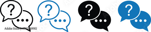 Set of speech bubble icons with question marks and ellipsis dots in blue and black colors featuring outline and solid flat vector styles.
