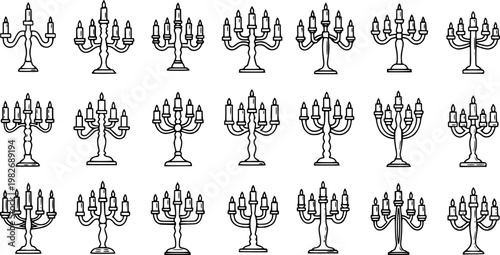 Black and White Line Art Candlestick Collection, Decorative Ornate Candelabra Icons for Elegant Home Decor and Holidays