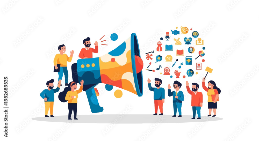 Fototapeta premium Diverse group of people actively engaging in dynamic communication and marketing, utilizing a large megaphone to broadcast messages and share innovative ideas effectively