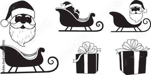 Santa Claus and Sleigh Christmas Icons Set Black