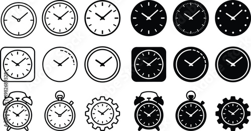 Set of universal clock and time icons featuring alarm clocks stopwatches wall clocks and gear timers in black and white minimalist vector style.