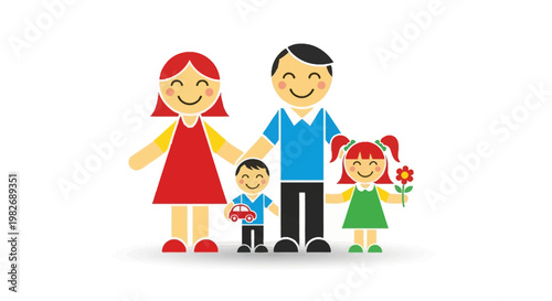 A charming illustration of a happy family of four, featuring smiling parents holding hands with their two cheerful children, symbolizing love, unity, and strong familial bonds