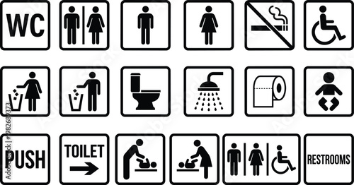Set of universal restroom and bathroom icons featuring male female gender symbols handicap access baby changing station shower toilet paper and no smoking signs.