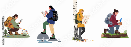 Set of female hikers and explorers in various outdoor activities, including map reading, navigating with a compass, and studying nature.