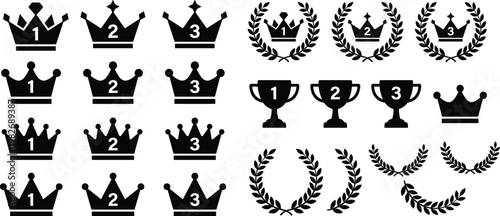 Black Vector Icon Set Featuring Royal Crowns Trophies and Laurel Wreaths with Ranking Numbers One Two and Three for Award and Championship Design.