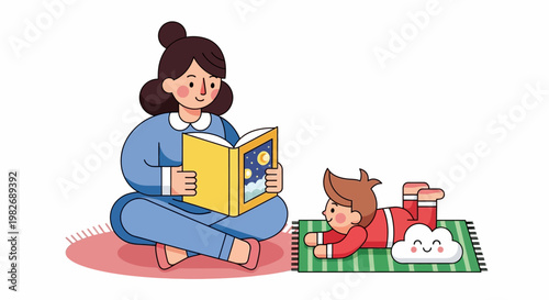 A loving mother reading a bedtime story to her child, who is lying on the floor, with a book open to a page depicting a starry night sky and a bright moon