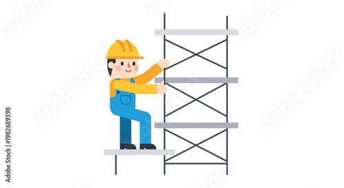 Vibrant illustration of a determined construction worker in safety gear diligently climbing scaffolding on a building site, symbolizing hard work, progress, and safety in the industry