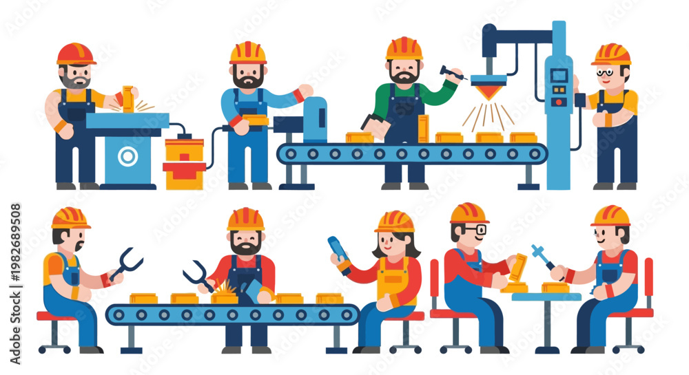Fototapeta premium Illustration of workers and machines in a factory setting, highlighting industrial production and manufacturing processes