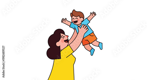 Joyful illustration of a loving mother playfully lifting her happy young child in the air, depicting a beautiful moment of family bonding and affection