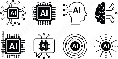 Artificial Intelligence Icon Set Featuring AI Processor Chips Neural Network Circuits Digital Brain Symbols and Human Head Silhouette for Machine Learning and Future Technology Projects.