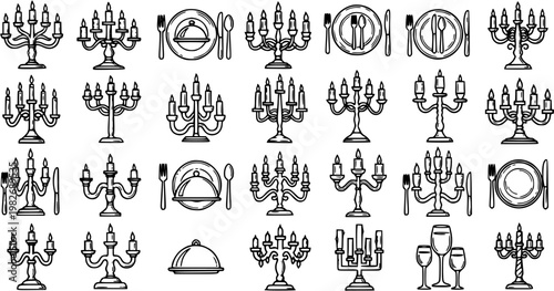 Black and white line art icons of candelabras and place settings for elegant dining, events, and celebrations