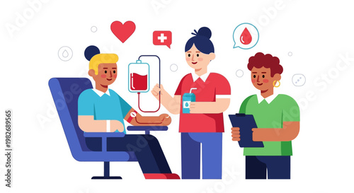 Blood Donation Concept Illustration, Medical Staff Assisting Donor, Health Care, Life Saving