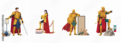 Set of fantasy medieval knight characters in golden plate armor with red capes, flat vector illustration isolated on white background